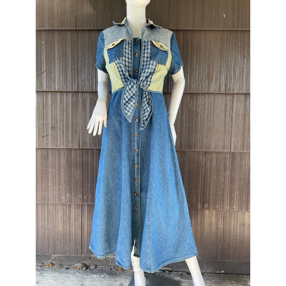 š„VTG Nina Piccalino Denim Dress Fit & Flare Button Down Patchwork Boho Cottage - Picture 1 of 14